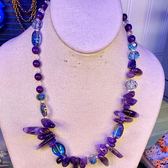 Artisan necklace, amethyst with AB crystals18 in